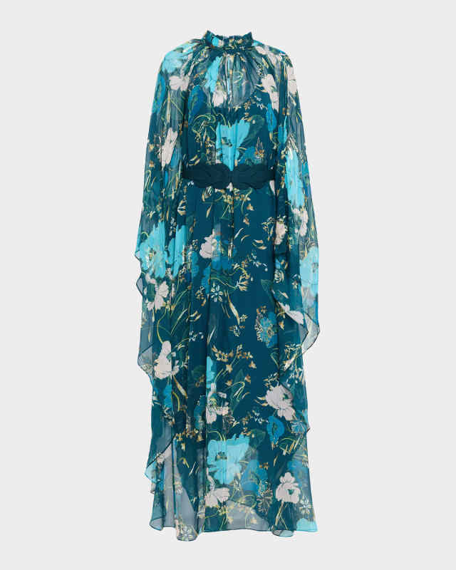 Alicia Metallic Floral Chiffon Batwing-Sleeve Maxi Dress
